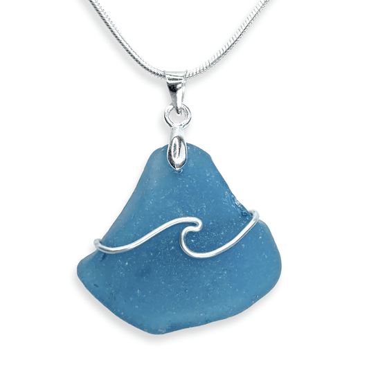 Sea Glass Pendant - Pale Blue Wave Wire Wrapped Necklace - Scottish Silver Jewellery - East Neuk Beach Crafts