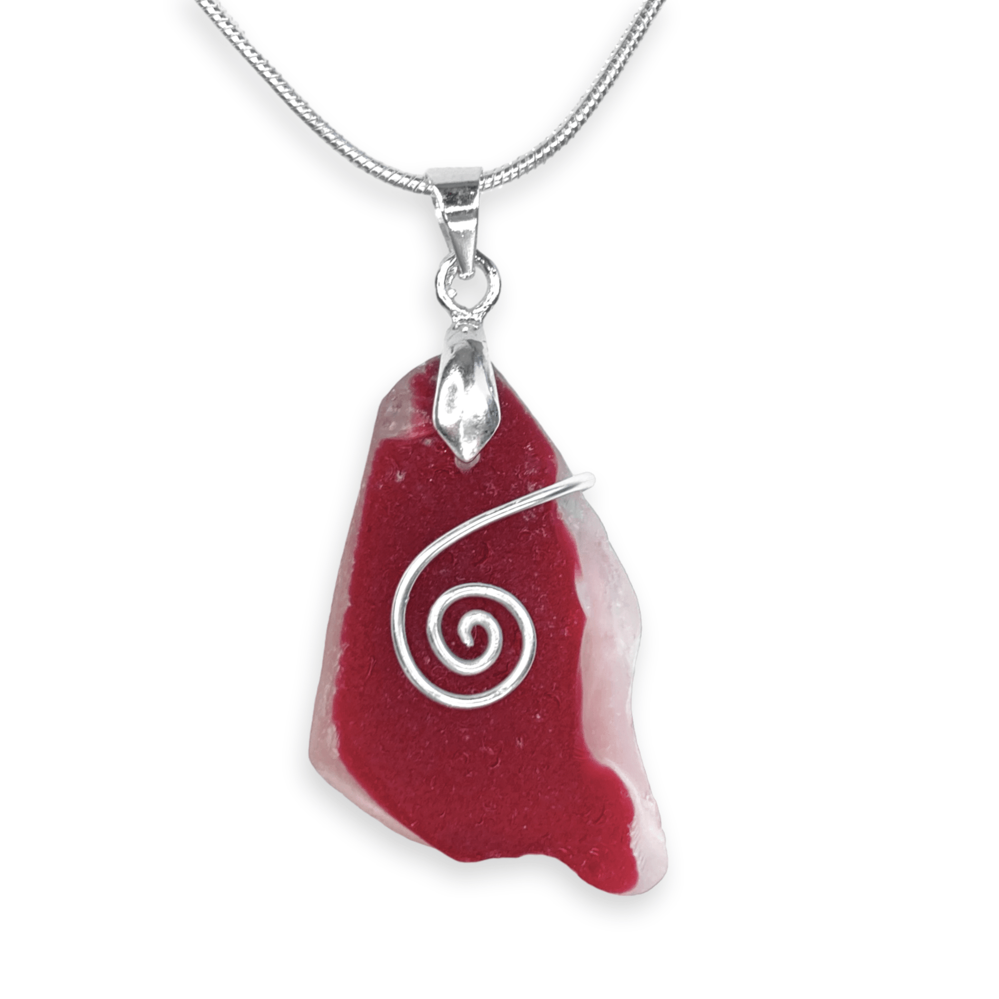 Sea Glass Pendant Rare Red Flash Glass Celtic Spiral Wire