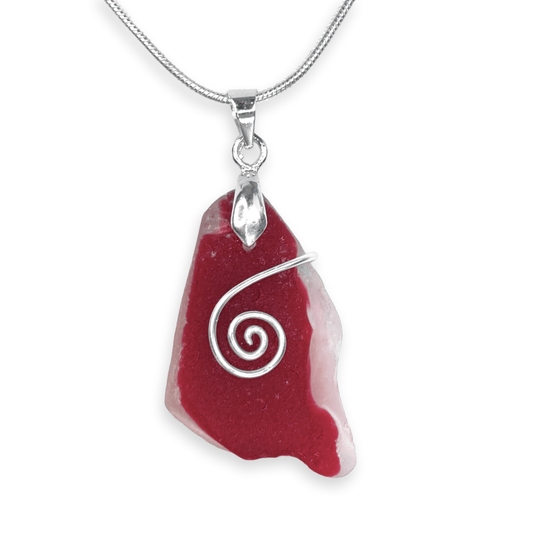Sea Glass Pendant - Rare Red Flash Glass Celtic Spiral Wire Wrapped Necklace - Scottish Silver Jewellery - East Neuk Beach Crafts