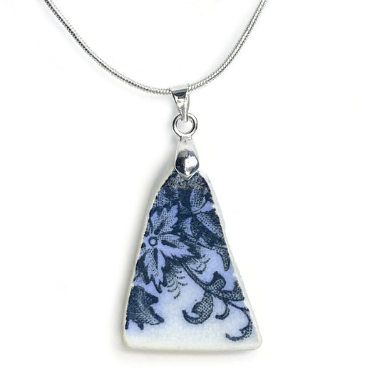 Sea Pottery Pendant - Antique Beach China - Navy Blue Floral Pattern Necklace - East Neuk Beach Crafts