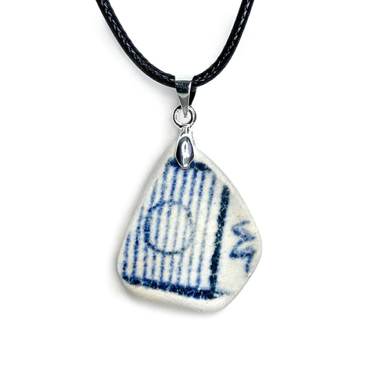 Sea Pottery Pendant - Unisex / Men's Blue "Guitar" Necklace - Antique Beach China Jewellery - East Neuk Beach Crafts