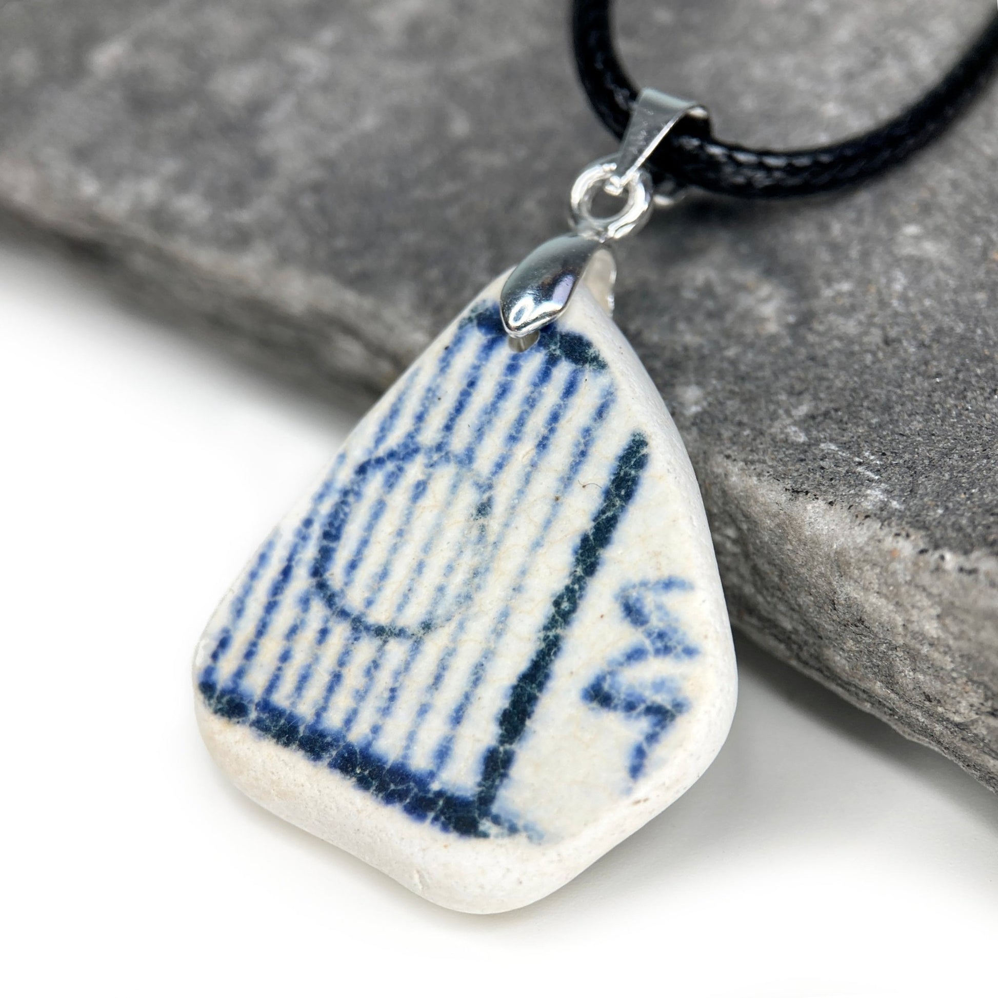 Sea Pottery Pendant - Unisex / Men's Blue "Guitar" Necklace - Antique Beach China Jewellery - East Neuk Beach Crafts