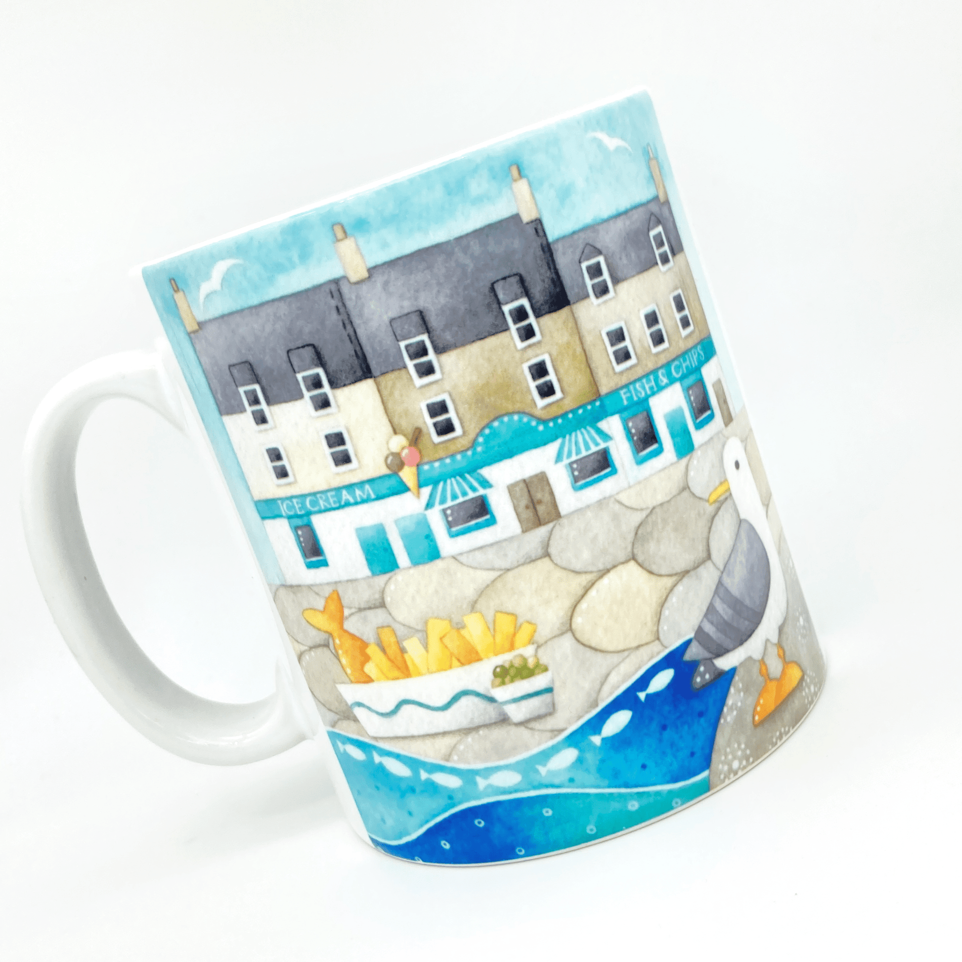 Seagull Mug - Fish and Chips at Anstruther - Seaside Watercolours, East Neuk of Fife - East Neuk Beach Crafts