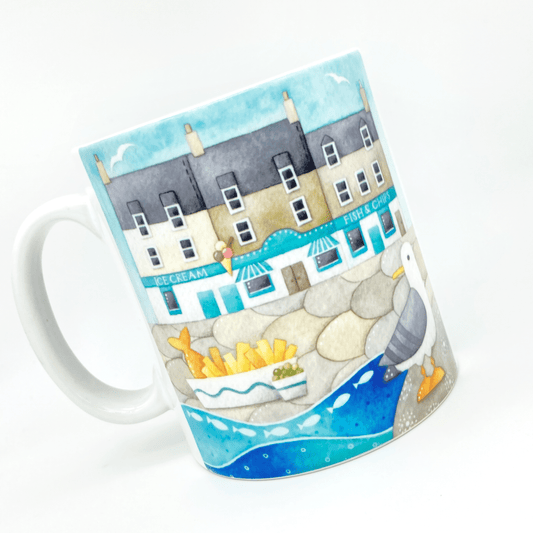 Seagull Mug - Fish and Chips at Anstruther - Seaside Watercolours, East Neuk of Fife - East Neuk Beach Crafts