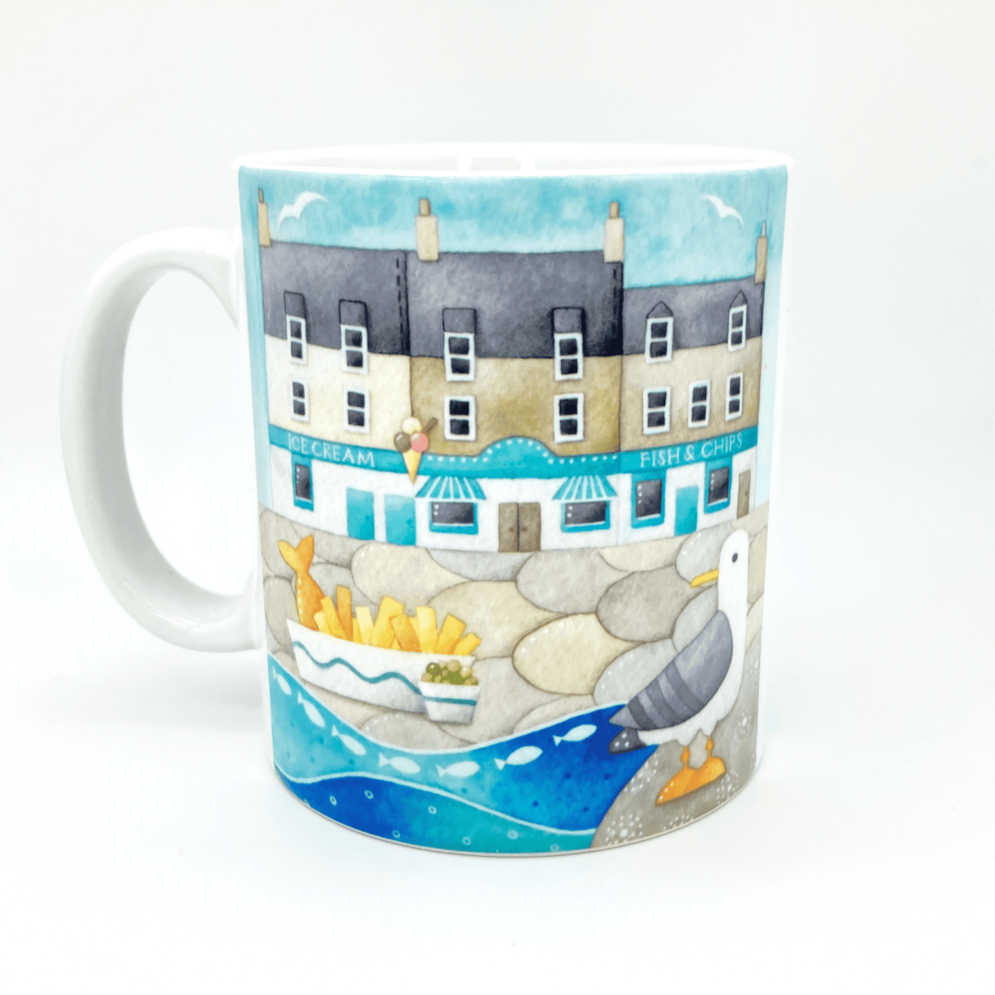 Seagull Mug - Fish and Chips at Anstruther - Seaside Watercolours, East Neuk of Fife - East Neuk Beach Crafts