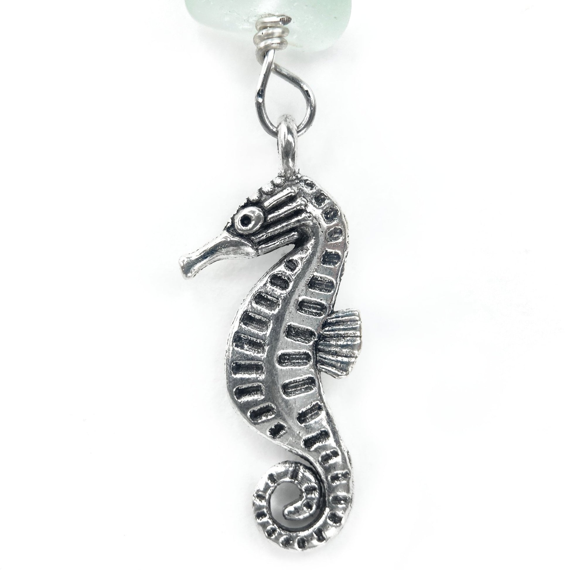 Seahorse Earrings - Green Sea Glass & Silver Jewellery with Amazonite Crystal Beads - East Neuk Beach Crafts