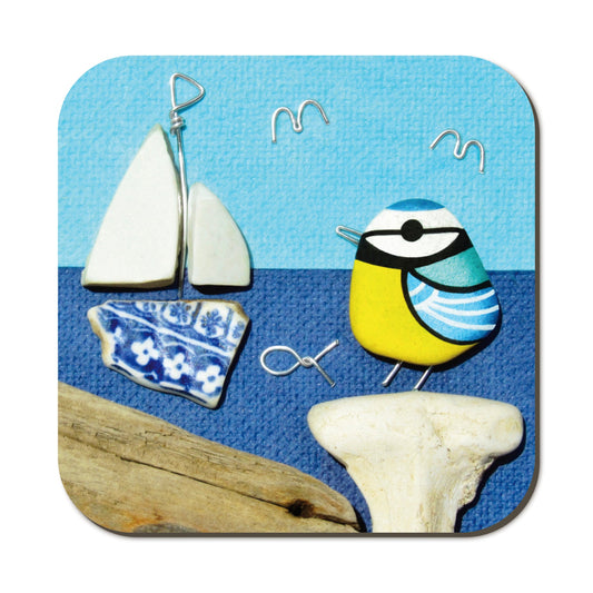 Seaside Coaster - Blue Tit & Sailing Boat Pebble Art - East Neuk Beach Crafts