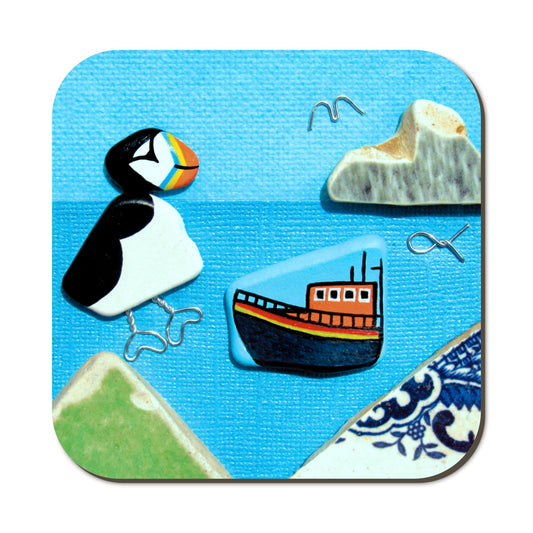 Seaside Coaster - Puffin & RNLI Lifeboat Pebble Art - East Neuk Beach Crafts