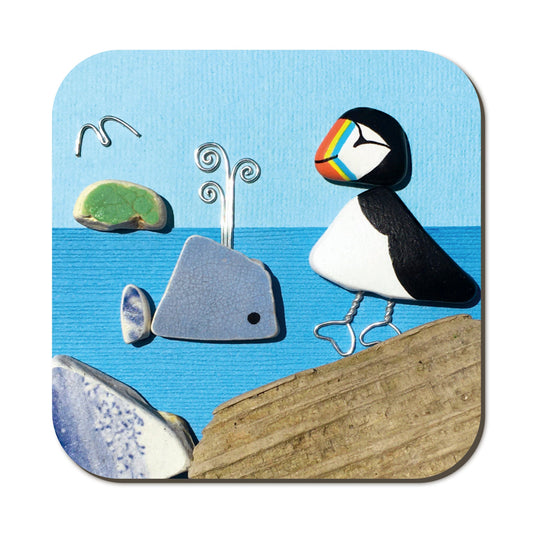 Seaside Coaster - Puffin & Whale Pebble Art - East Neuk Beach Crafts
