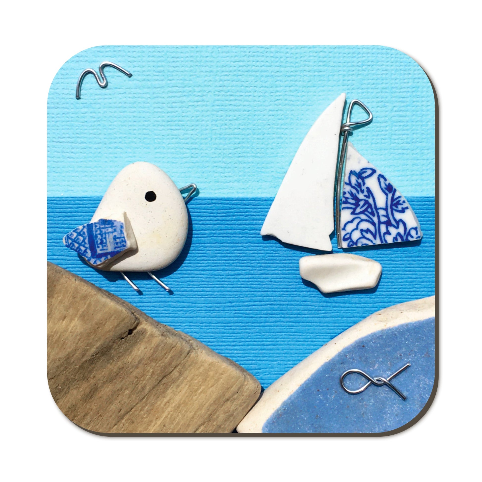 Seaside Coaster - Seagull & Sailing Boat Pebble Art - East Neuk Beach Crafts