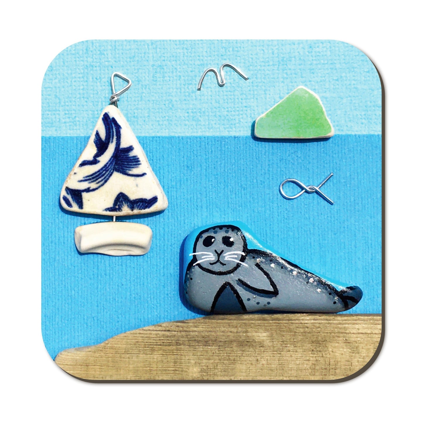 Seaside Coaster - Seal & Sailing Boat Pebble Art - East Neuk Beach Crafts
