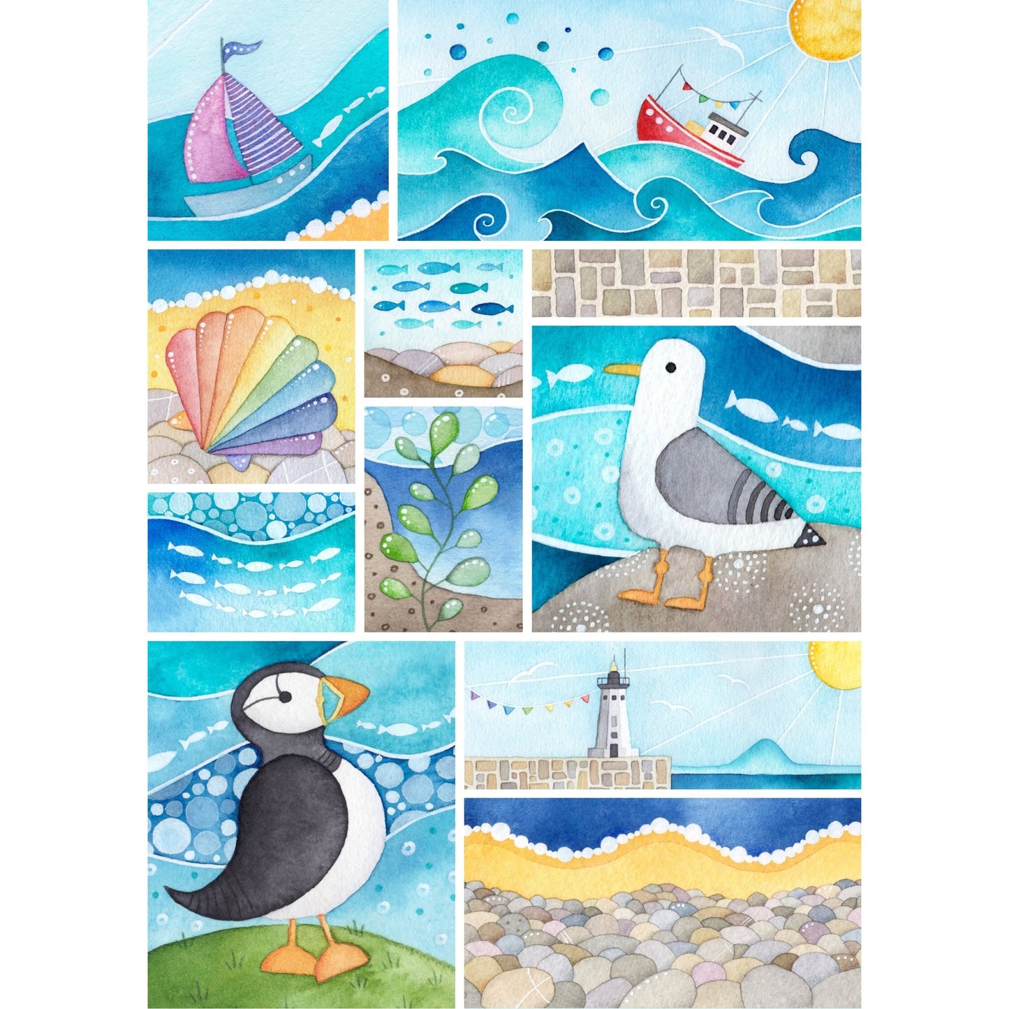 Seaside Print - Seagull, Puffin, Boats, Lighthouse - A4 Signed Watercolour Beach Art Print - East Neuk Beach Crafts
