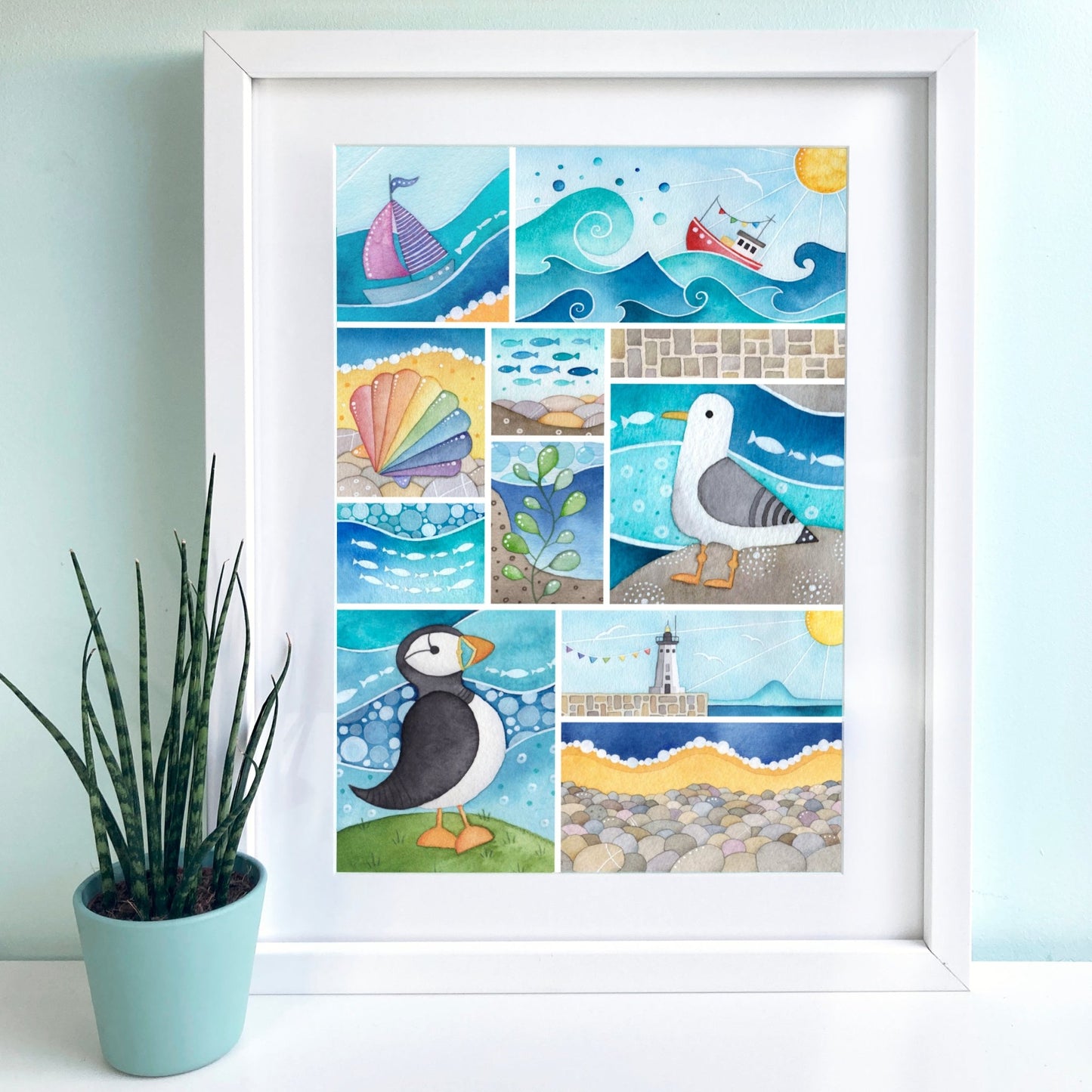 Seaside Print - Seagull, Puffin, Boats, Lighthouse - A4 Signed Watercolour Beach Art Print - East Neuk Beach Crafts