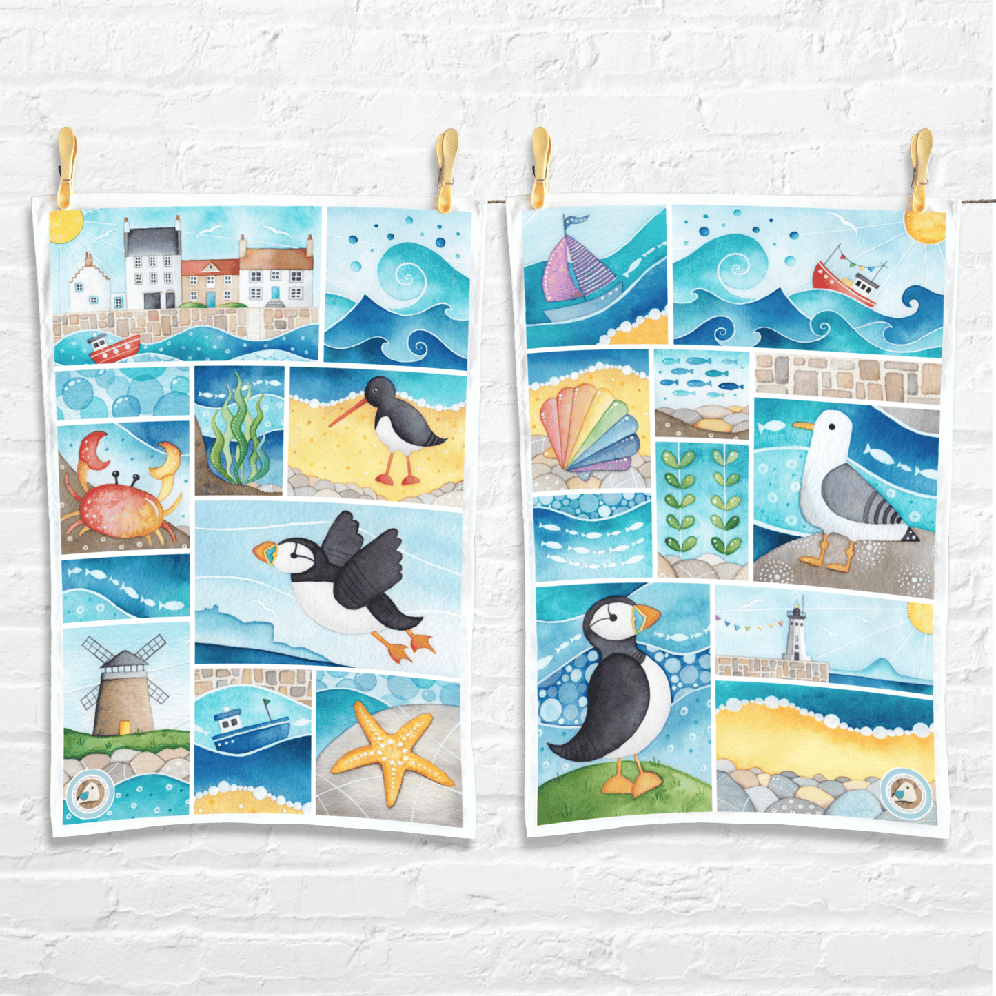 Seaside Tea Towel Bundle x2 - Coastal Kitchen - Puffins, Seagulls, Crabs, Boats - East Neuk Beach Crafts