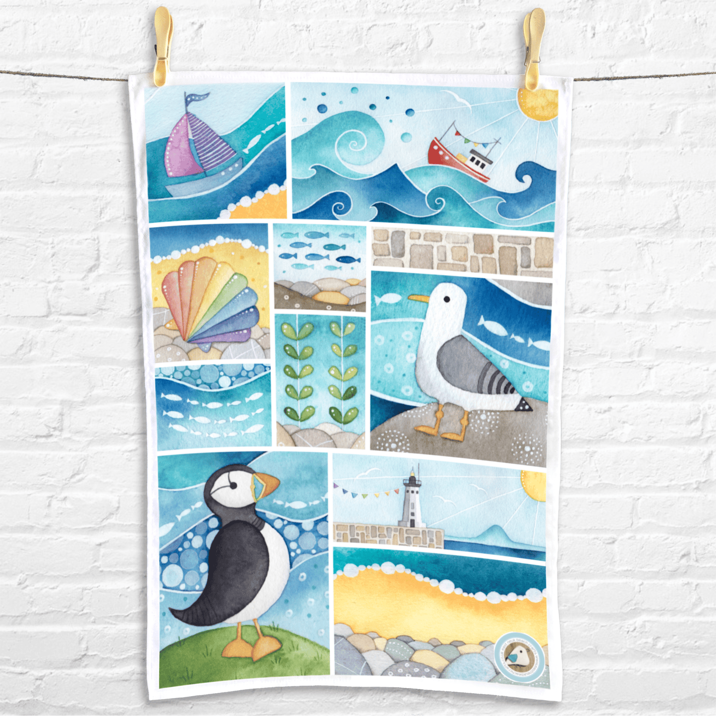 Seaside Tea Towel Bundle x2 - Coastal Kitchen - Puffins, Seagulls, Crabs, Boats - East Neuk Beach Crafts