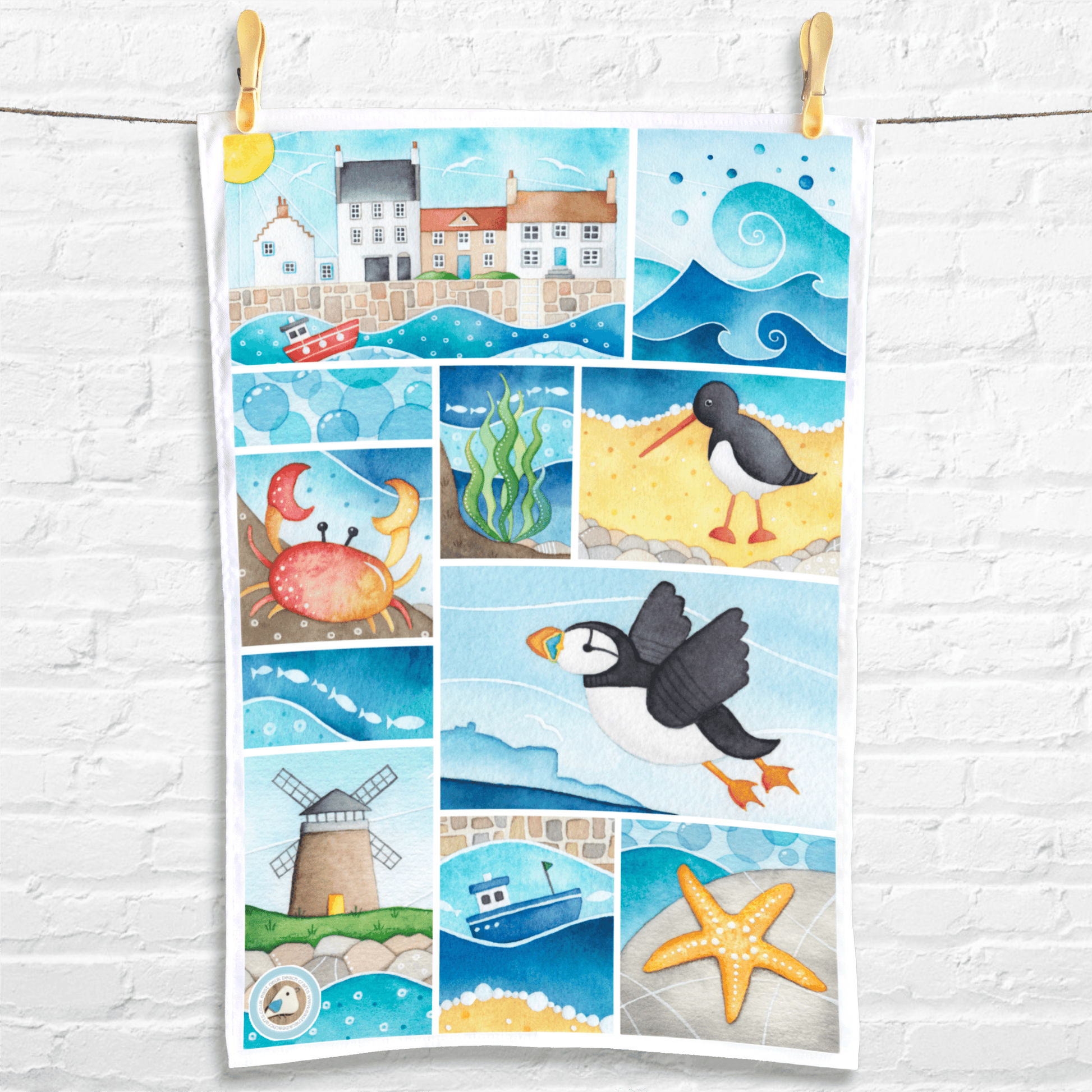 Seaside Tea Towel Bundle x2 - Coastal Kitchen - Puffins, Seagulls, Crabs, Boats - East Neuk Beach Crafts