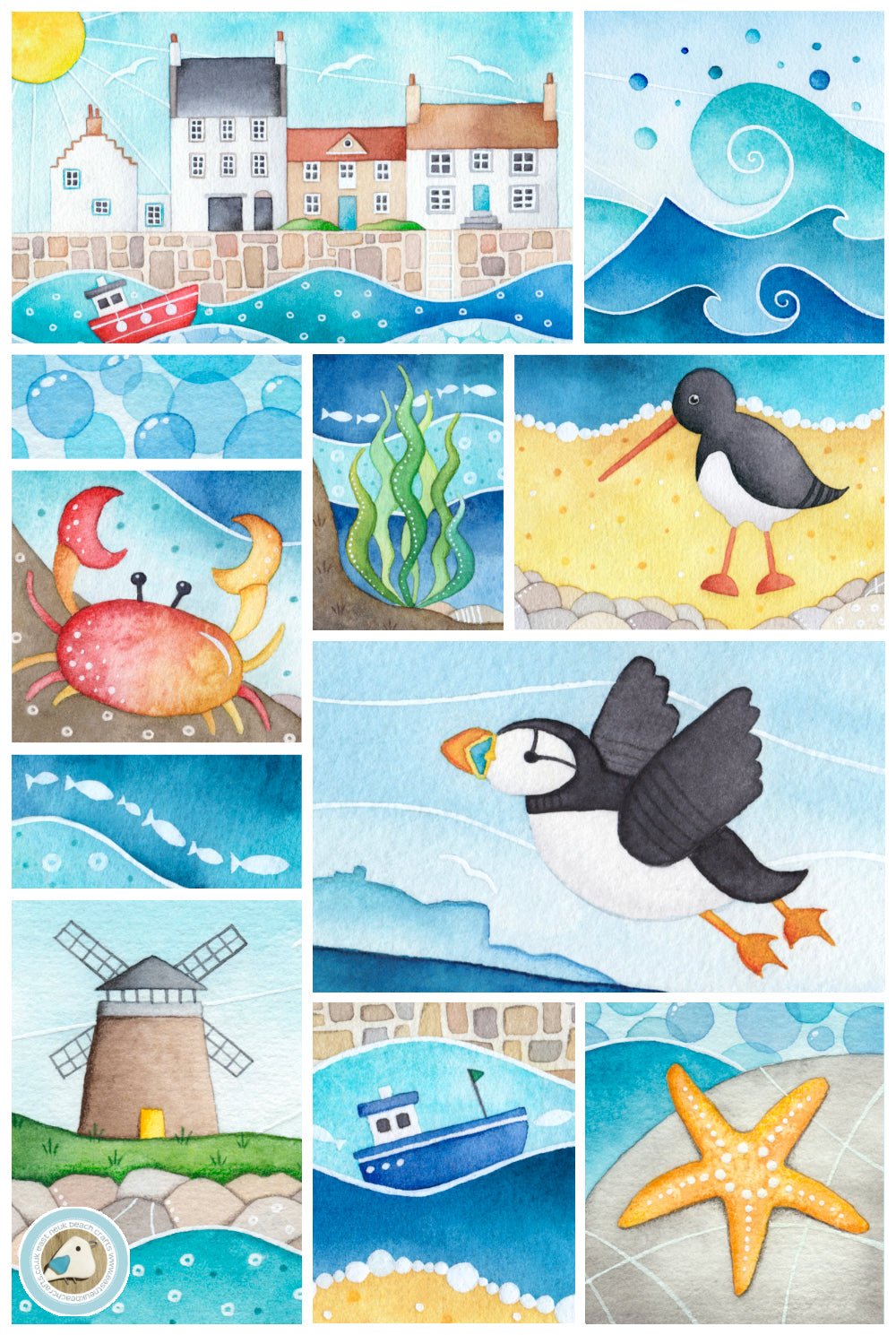 Seaside Tea Towel Bundle x2 - Coastal Kitchen - Puffins, Seagulls, Crabs, Boats - East Neuk Beach Crafts