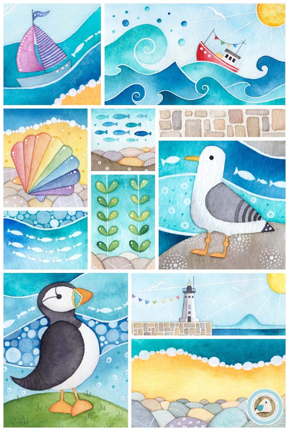 Seaside Tea Towel - Coastal Kitchen - Puffin, Seagull, Boats, Anstruther Beach - East Neuk Beach Crafts