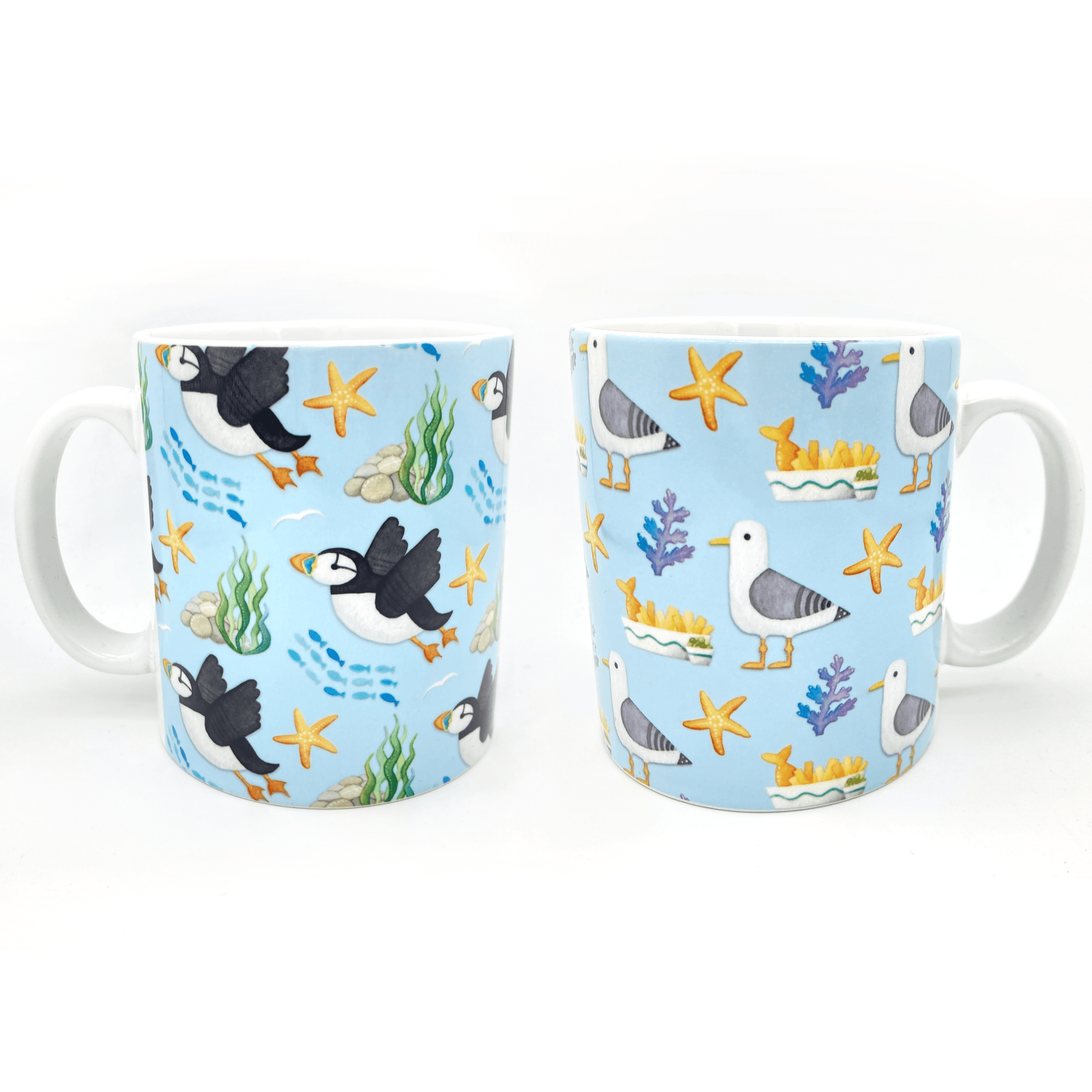 Set of 2 Mugs - Cute Seagull & Puffin Patterns - Save £3 - East Neuk Beach Crafts