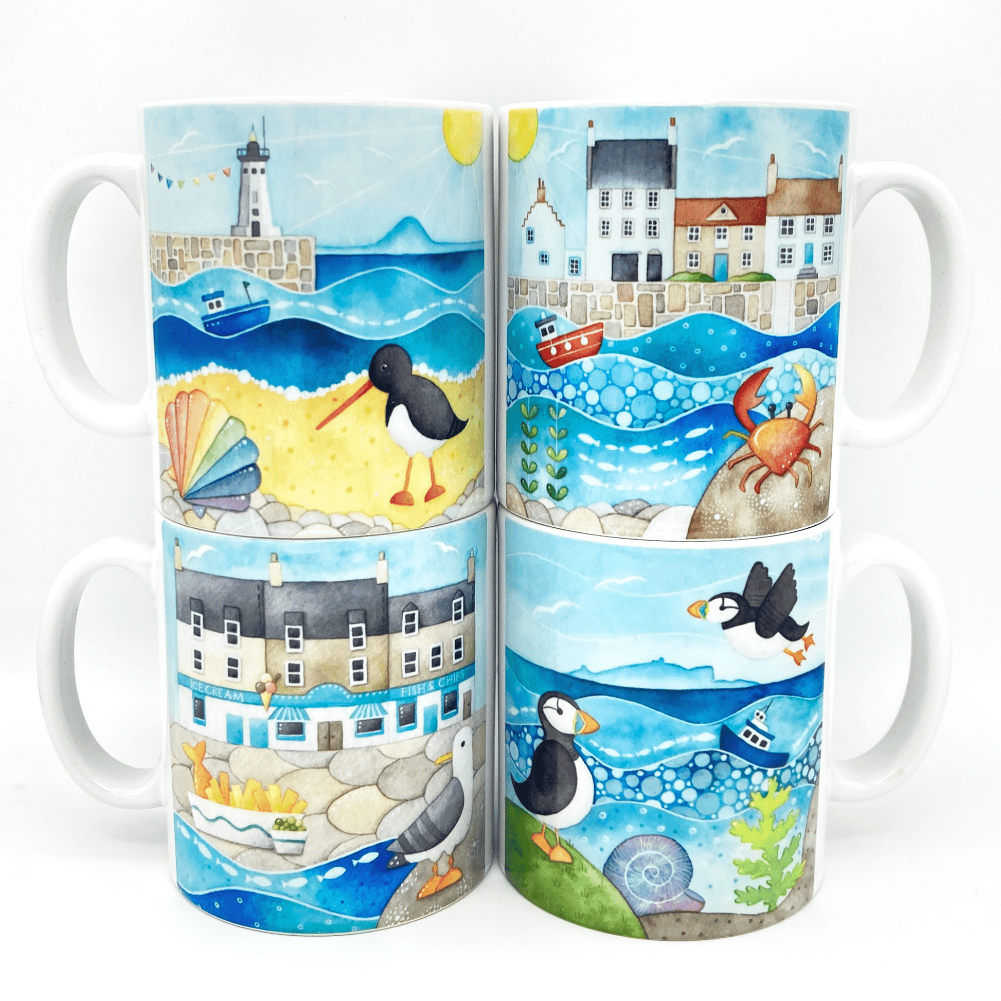 Set of 4 Seaside Mugs - Puffin, Seagull, Crail, Oystercatcher - East Neuk of Fife - Save £6 - East Neuk Beach Crafts