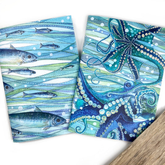 Small Notebook Set x2 - Octopus and Fish Bundle - A6 Pocket Notepads with Lined Paper - East Neuk Beach Crafts