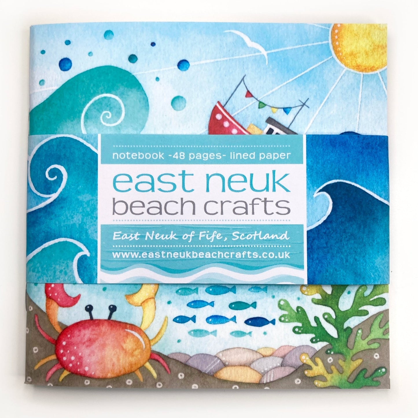 Square Lined Notebook - Crab & Fishing Boat - Seaside Art Journal - East Neuk Beach Crafts