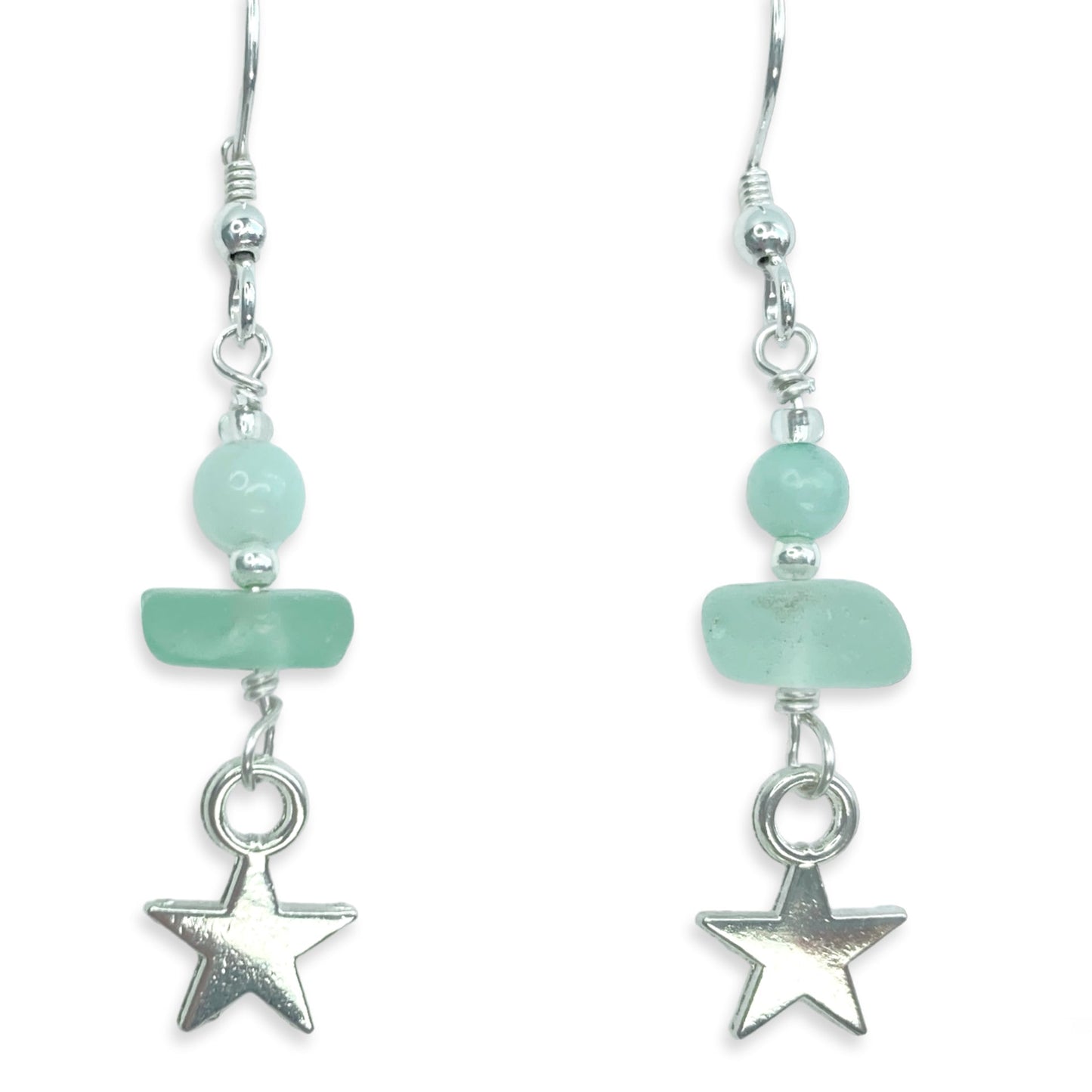 Star Earrings - Green Sea Glass & Silver Jewellery with Amazonite Crystal Beads - East Neuk Beach Crafts
