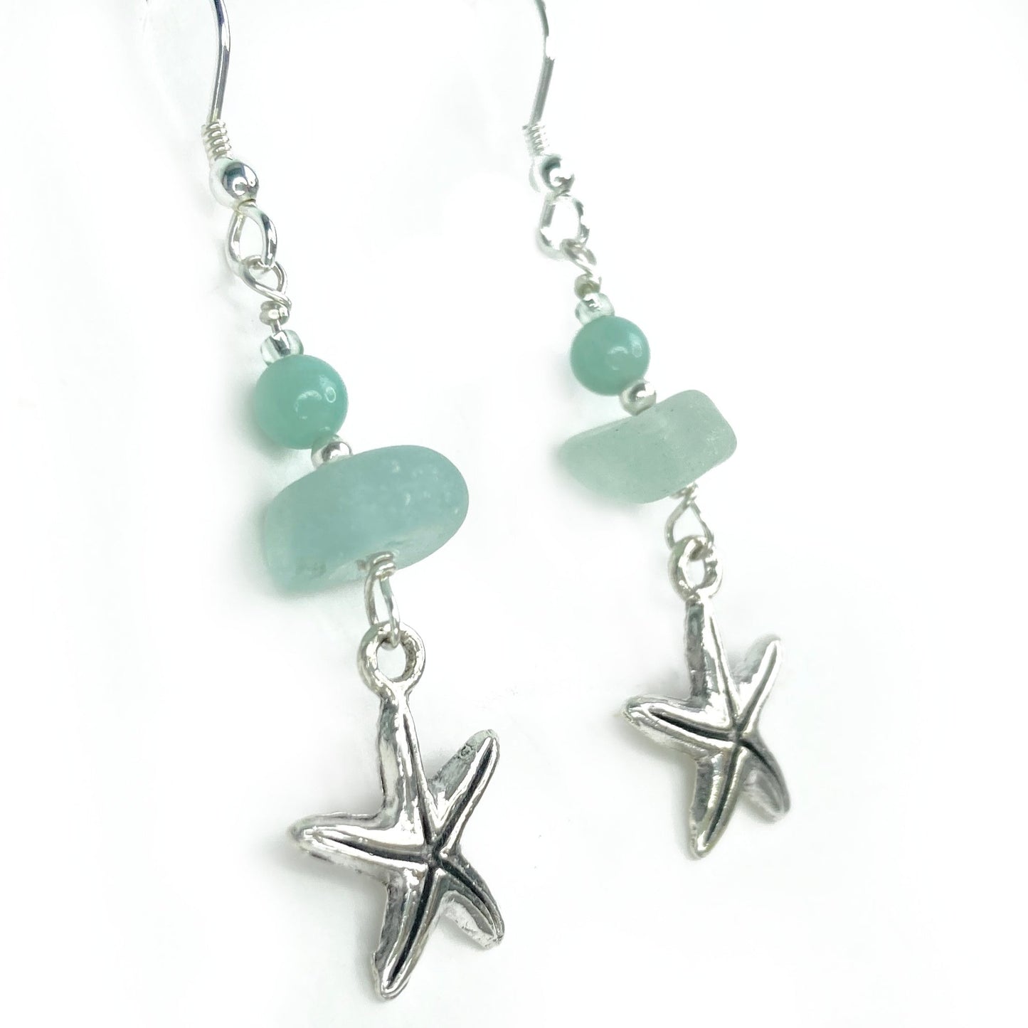 Starfish Earrings - Green Sea Glass & Silver Jewellery with Amazonite Crystal Beads - East Neuk Beach Crafts