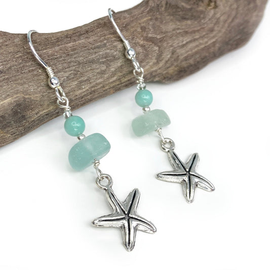 Starfish Earrings - Green Sea Glass & Silver Jewellery with Amazonite Crystal Beads - East Neuk Beach Crafts