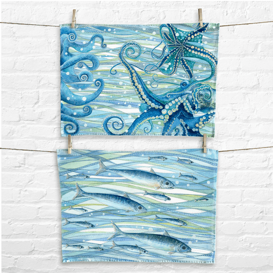 Tea Towel Bundle x2 - Fish & Octopus - 100% Cotton - Coastal Seaside Kitchen - East Neuk Beach Crafts