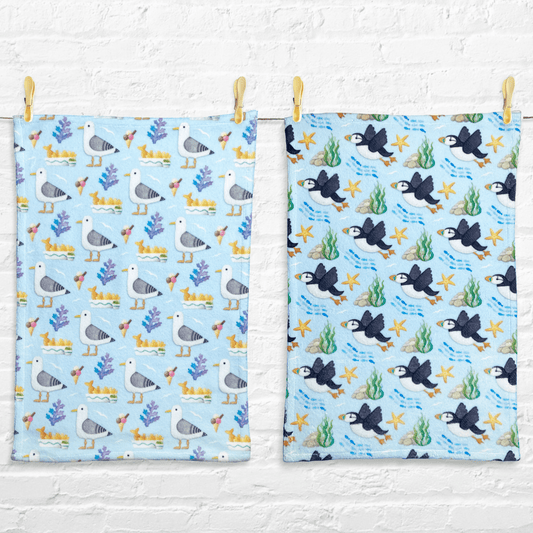 Tea Towel Bundle x2 - Seagull & Puffin Patterns - Fluffy Style Hand Towels - East Neuk Beach Crafts