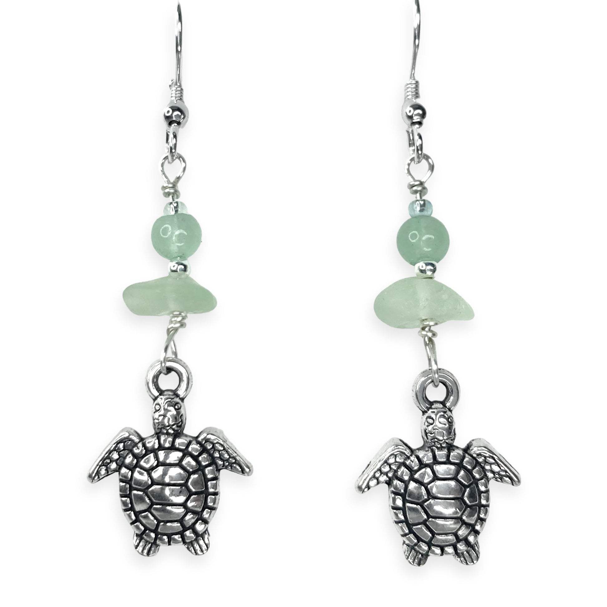 Turtle Earrings - Green Sea Glass & Silver Jewellery with Aventurine Crystal Beads - East Neuk Beach Crafts