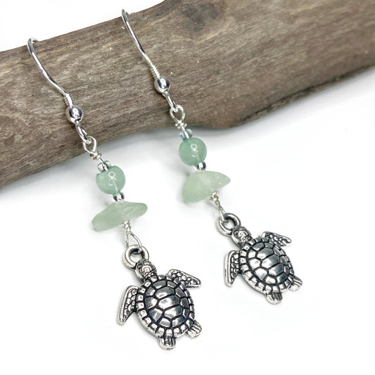 Turtle Earrings - Green Sea Glass & Silver Jewellery with Aventurine Crystal Beads - East Neuk Beach Crafts