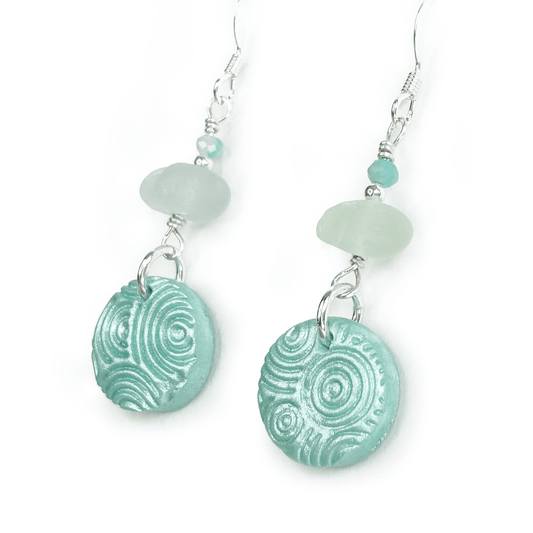 Wave Ripple Dangly Earrings - Green Sea Glass and Amazonite Sterling Silver Earrings - East Neuk Beach Crafts