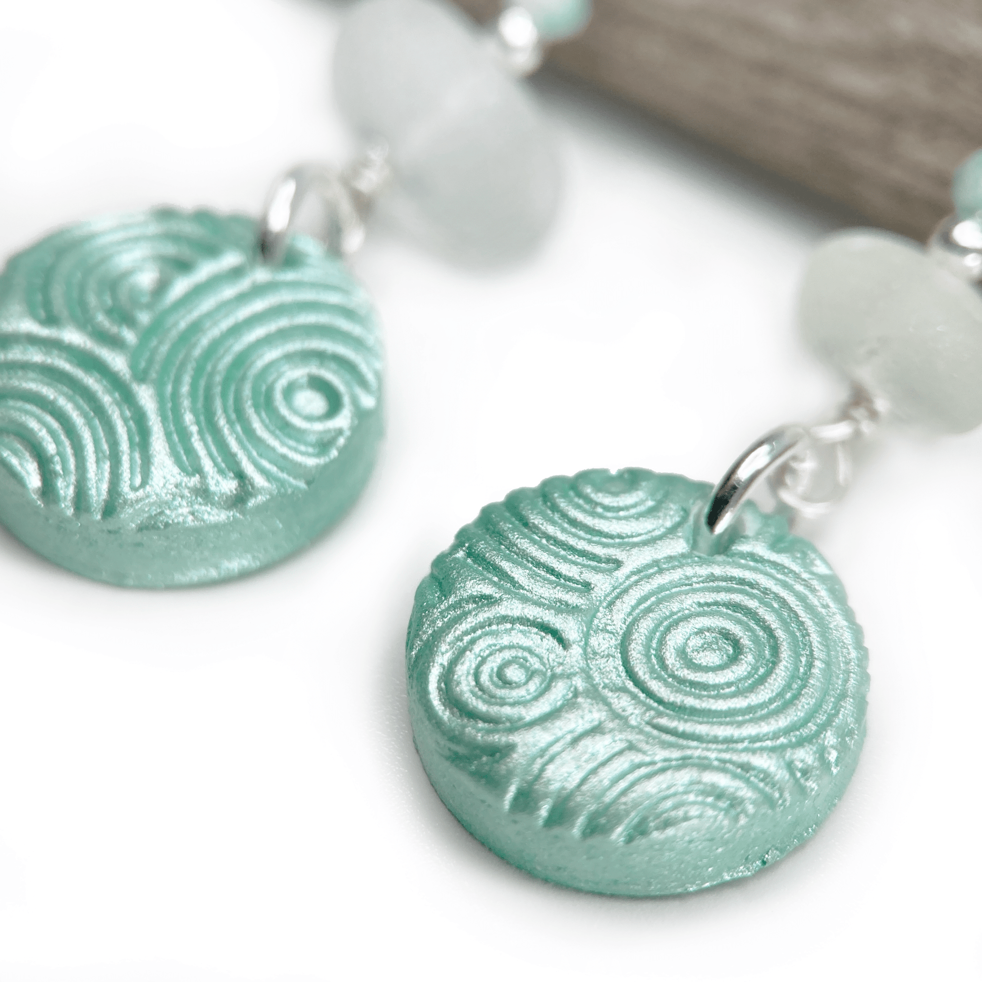 Wave Ripple Dangly Earrings - Green Sea Glass and Amazonite Sterling Silver Earrings - East Neuk Beach Crafts
