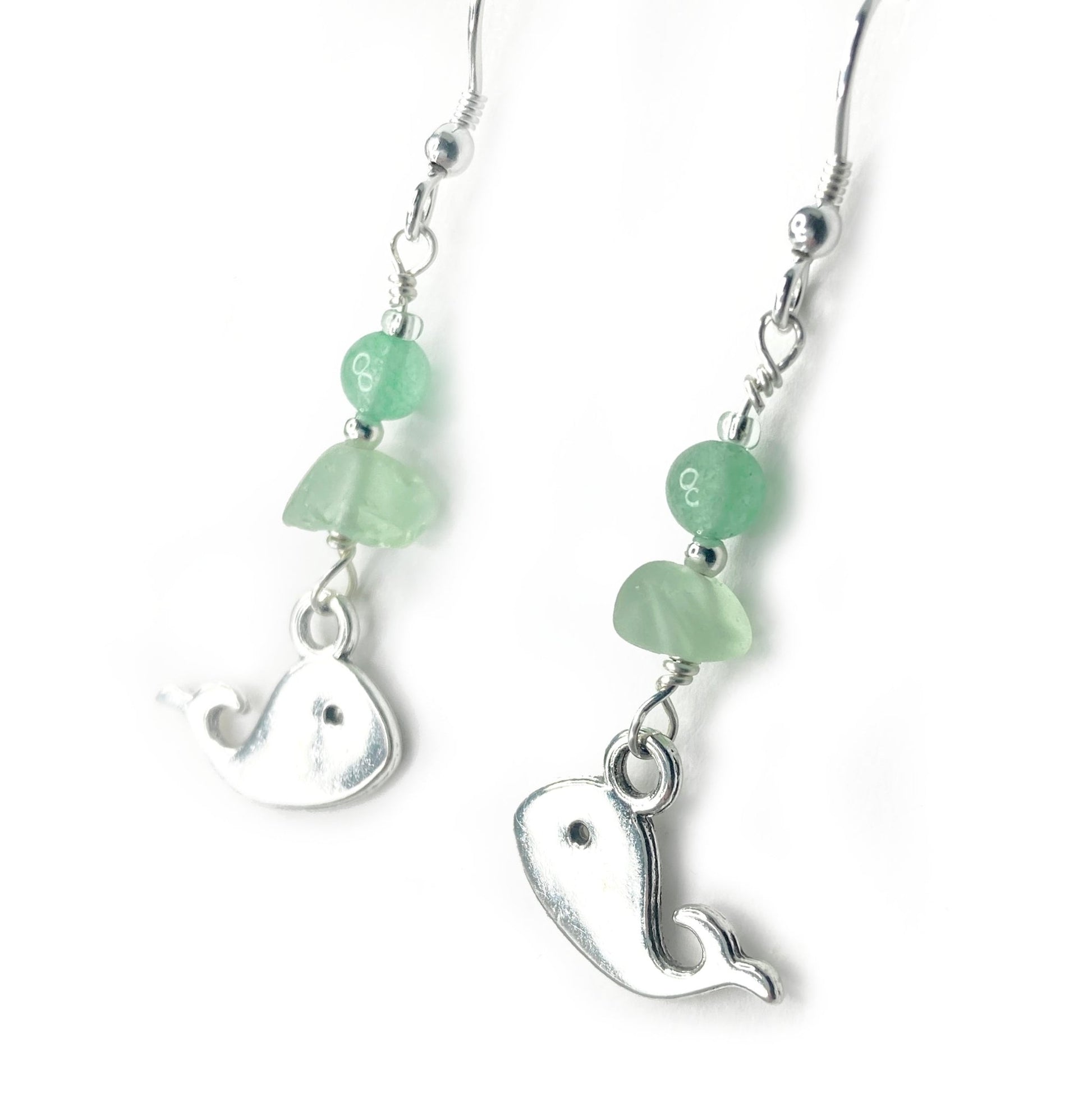 Whale Earrings - Green Sea Glass & Silver Jewellery with Aventurine Crystal Beads - East Neuk Beach Crafts