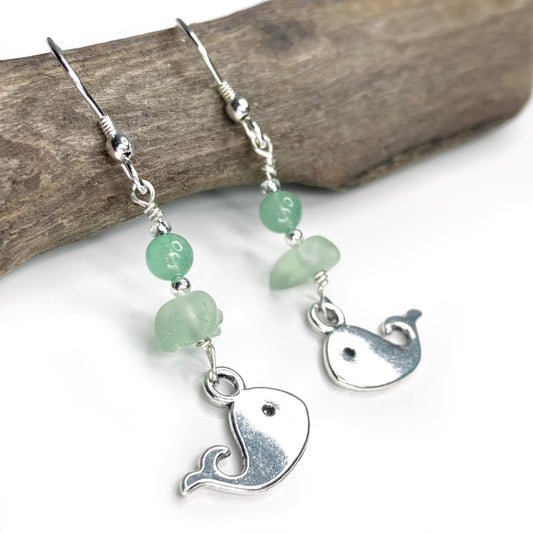 Whale Earrings - Green Sea Glass & Silver Jewellery with Aventurine Crystal Beads - East Neuk Beach Crafts