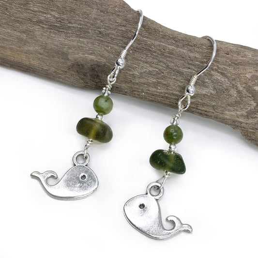 Whale Earrings - Green Sea Glass & Silver Jewellery with Jade Crystal Beads - East Neuk Beach Crafts