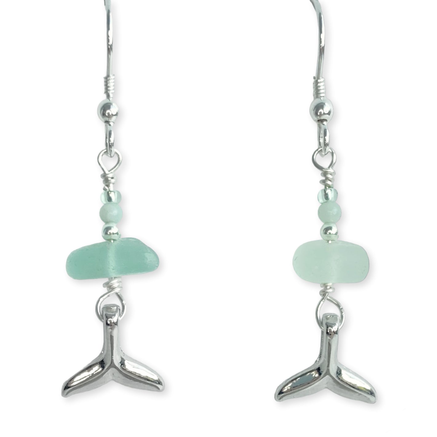 Whale Tail Earrings - Green Sea Glass & Silver Jewellery with Amazonite Crystal Beads - East Neuk Beach Crafts