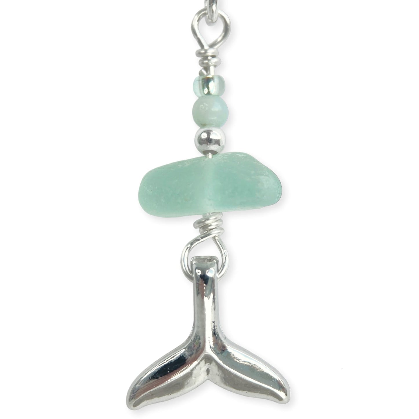 Whale Tail Earrings - Green Sea Glass & Silver Jewellery with Amazonite Crystal Beads - East Neuk Beach Crafts