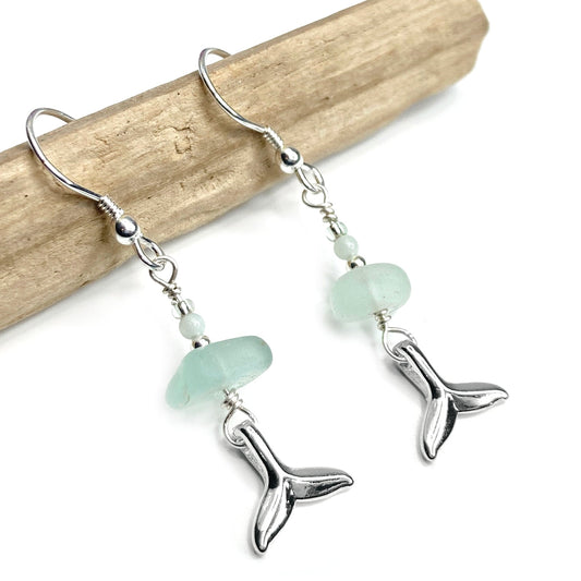 Whale Tail Earrings - Green Sea Glass & Silver Jewellery with Amazonite Crystal Beads - East Neuk Beach Crafts