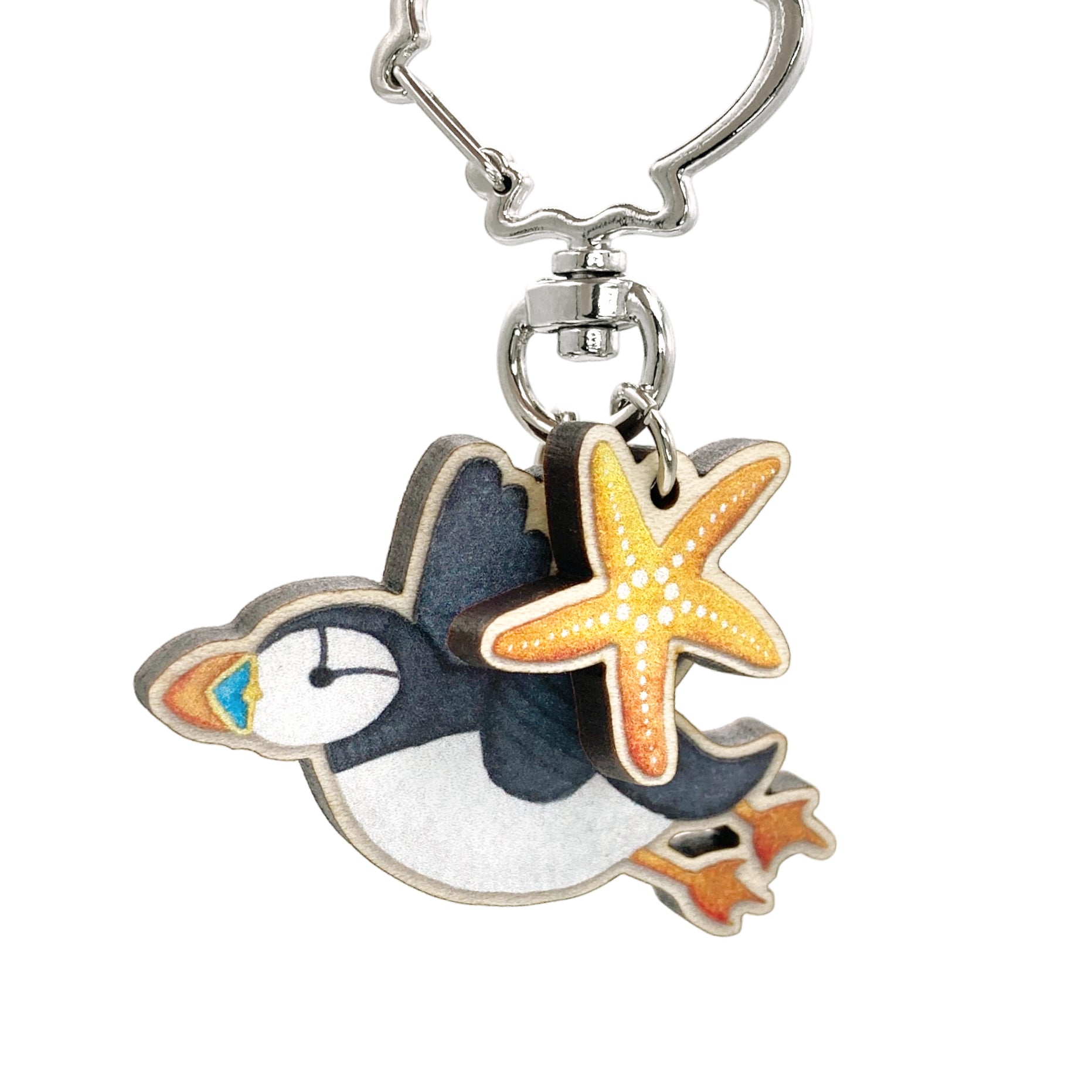 Wooden Keyring - Puffin with Starfish - Maple Wood Key Chain with Shell Clasp - East Neuk Beach Crafts